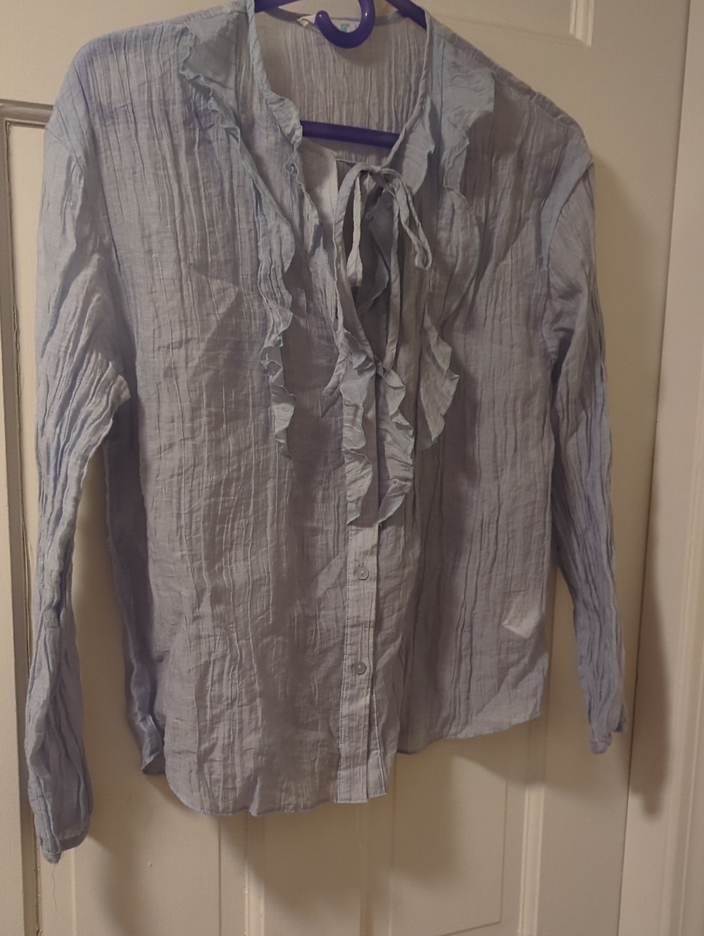 Primark Light Blue Ruffle Tie-Neck Button Down Shirt